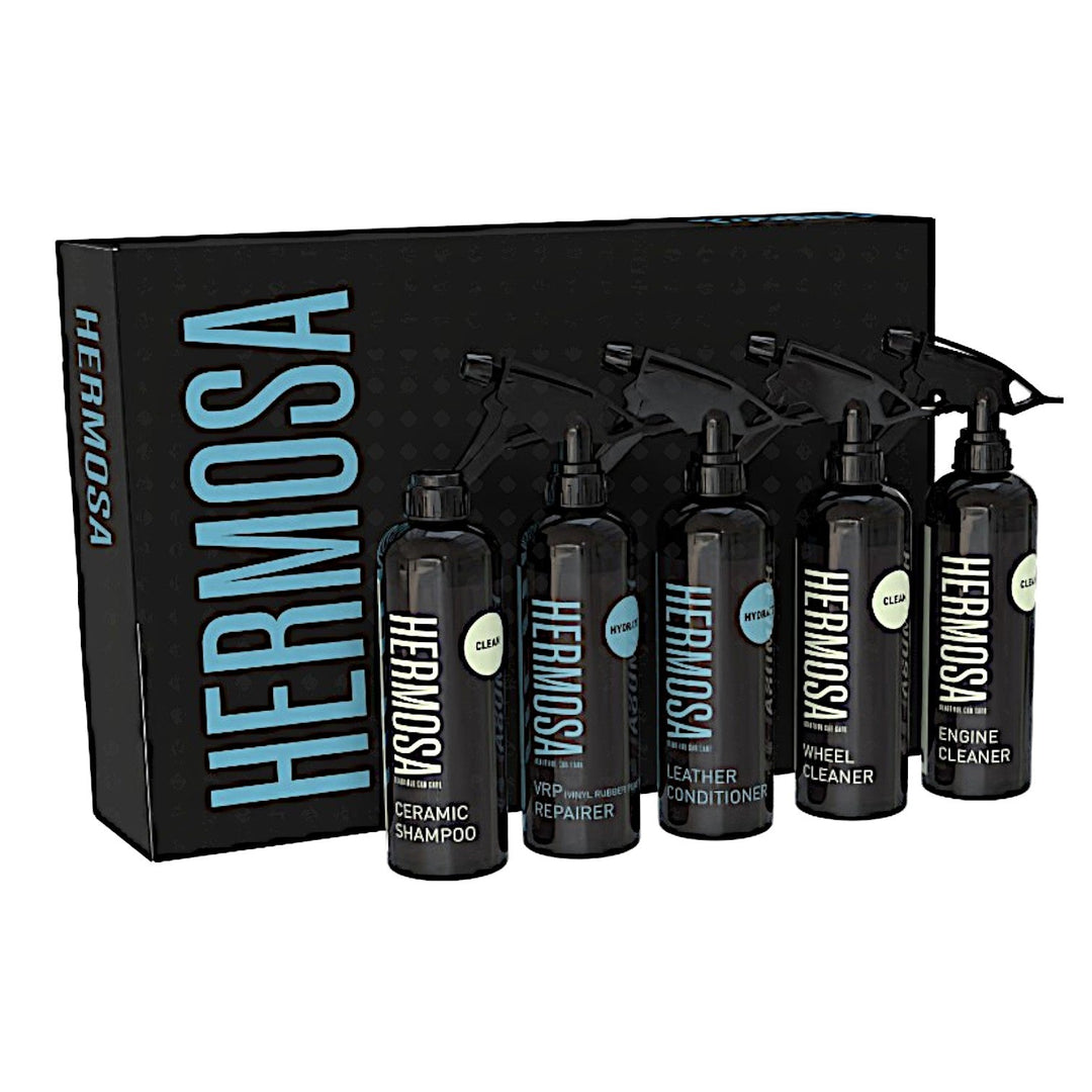 Hermosa car care kit with shampoo, repairer, conditioner, and cleaners.