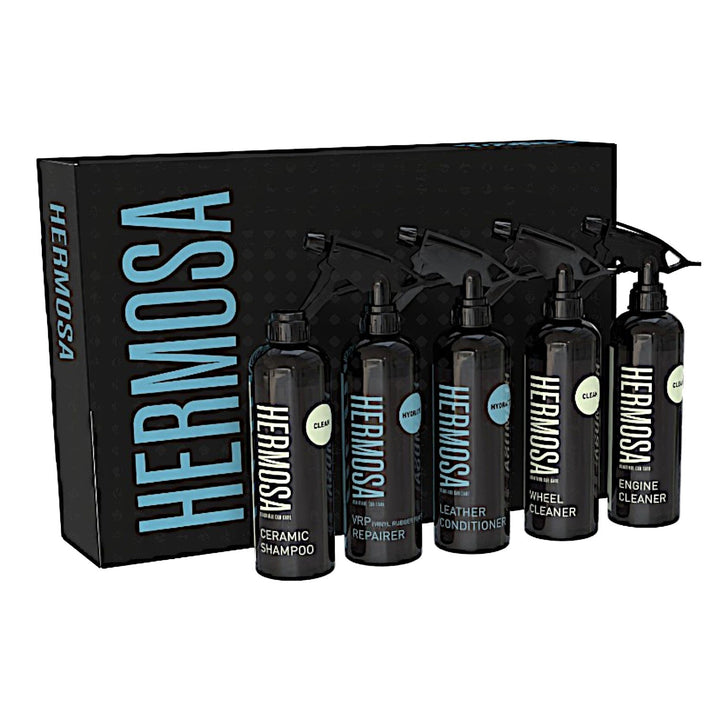 Hermosa car care kit with shampoo, repairer, conditioner, and cleaners.