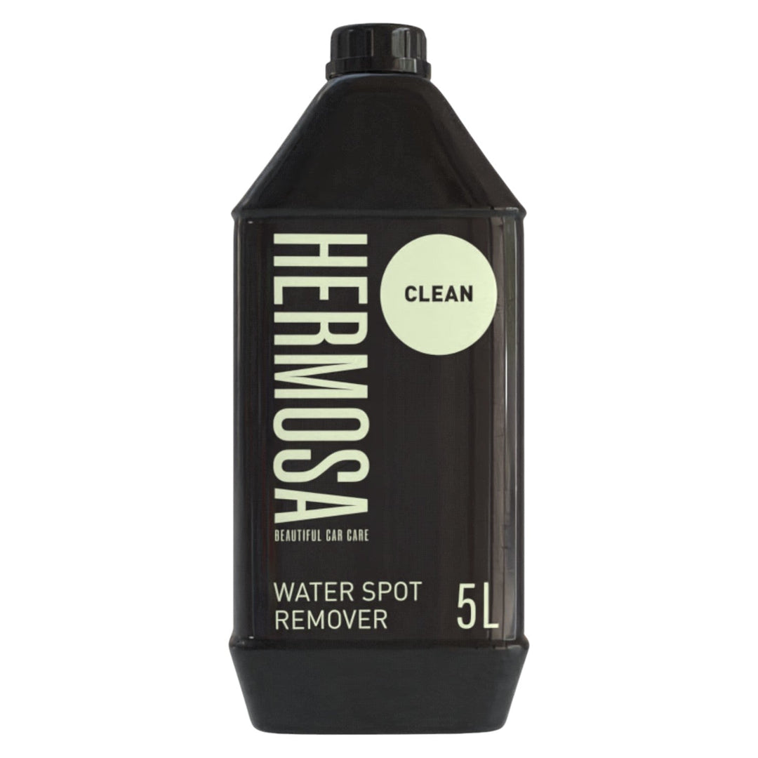 5L Hermosa Water Spot Remover bottle with 'Clean' label and sleek black design for car care.